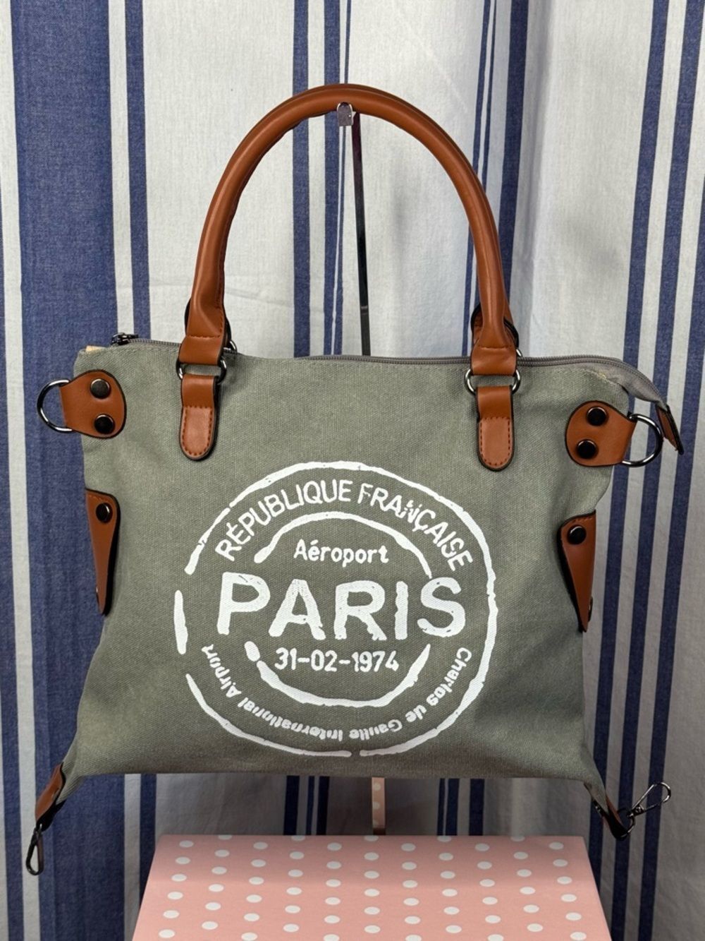 Paris Republique Gray Stamped Canvas Messenger Bag with White Stamp